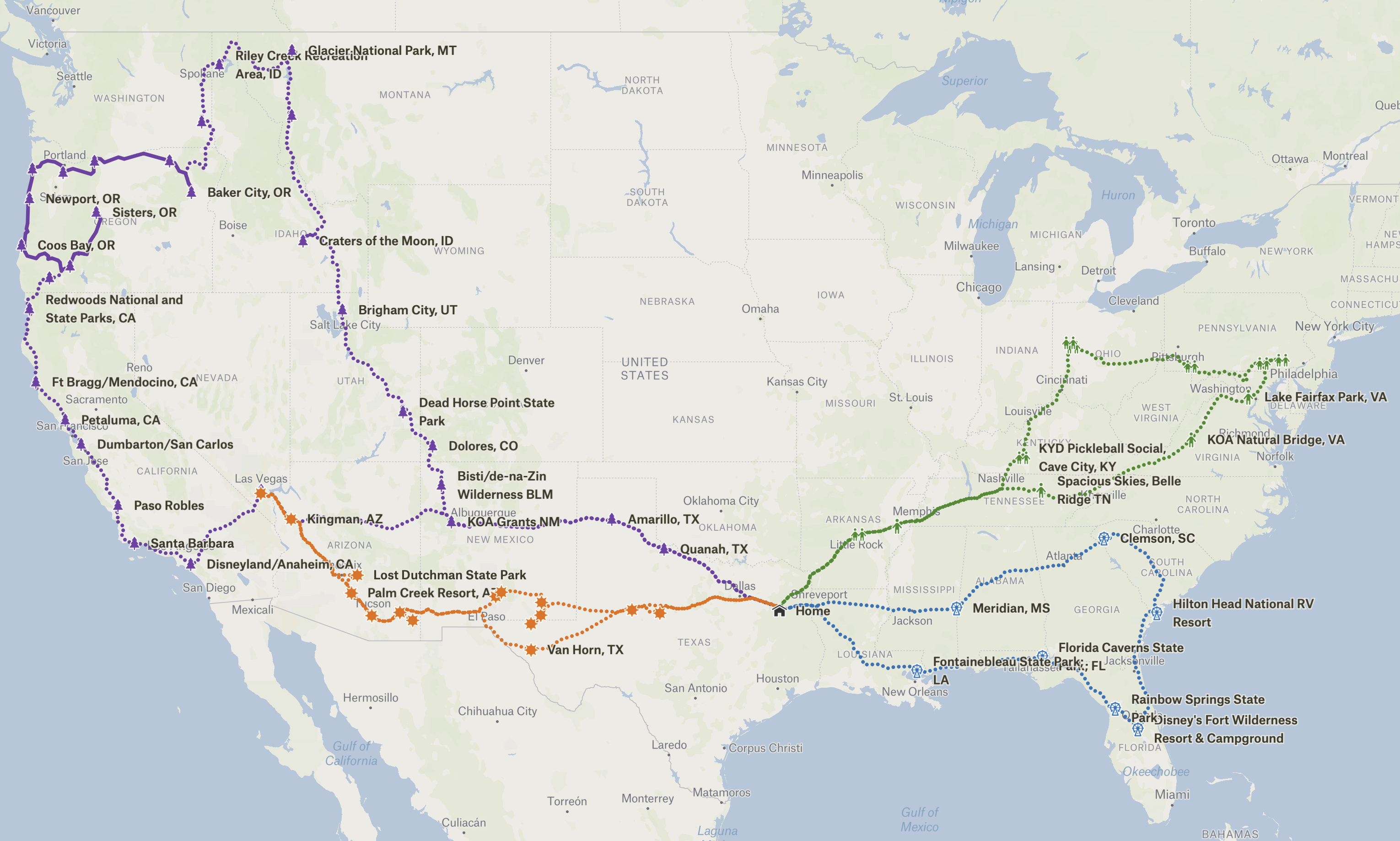 Tom and Sandra's 2025 RV Travel Route