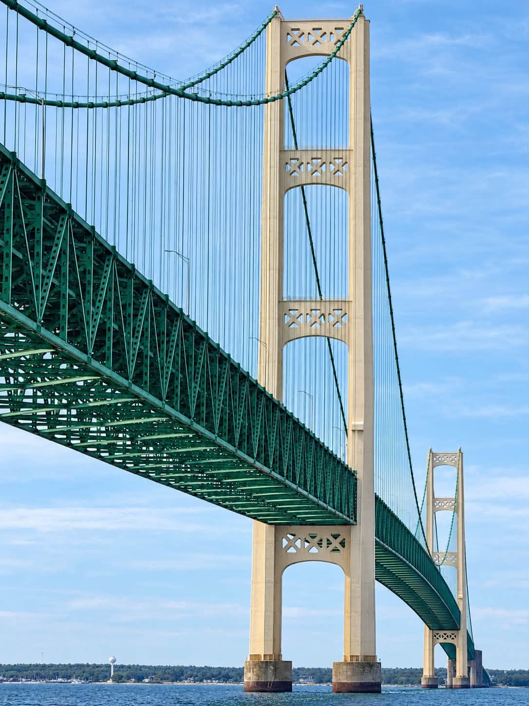Looking up at the Mackinac Bridge from the water, its green steel deck and cream towers stretching across the blue Straits of Mackinac