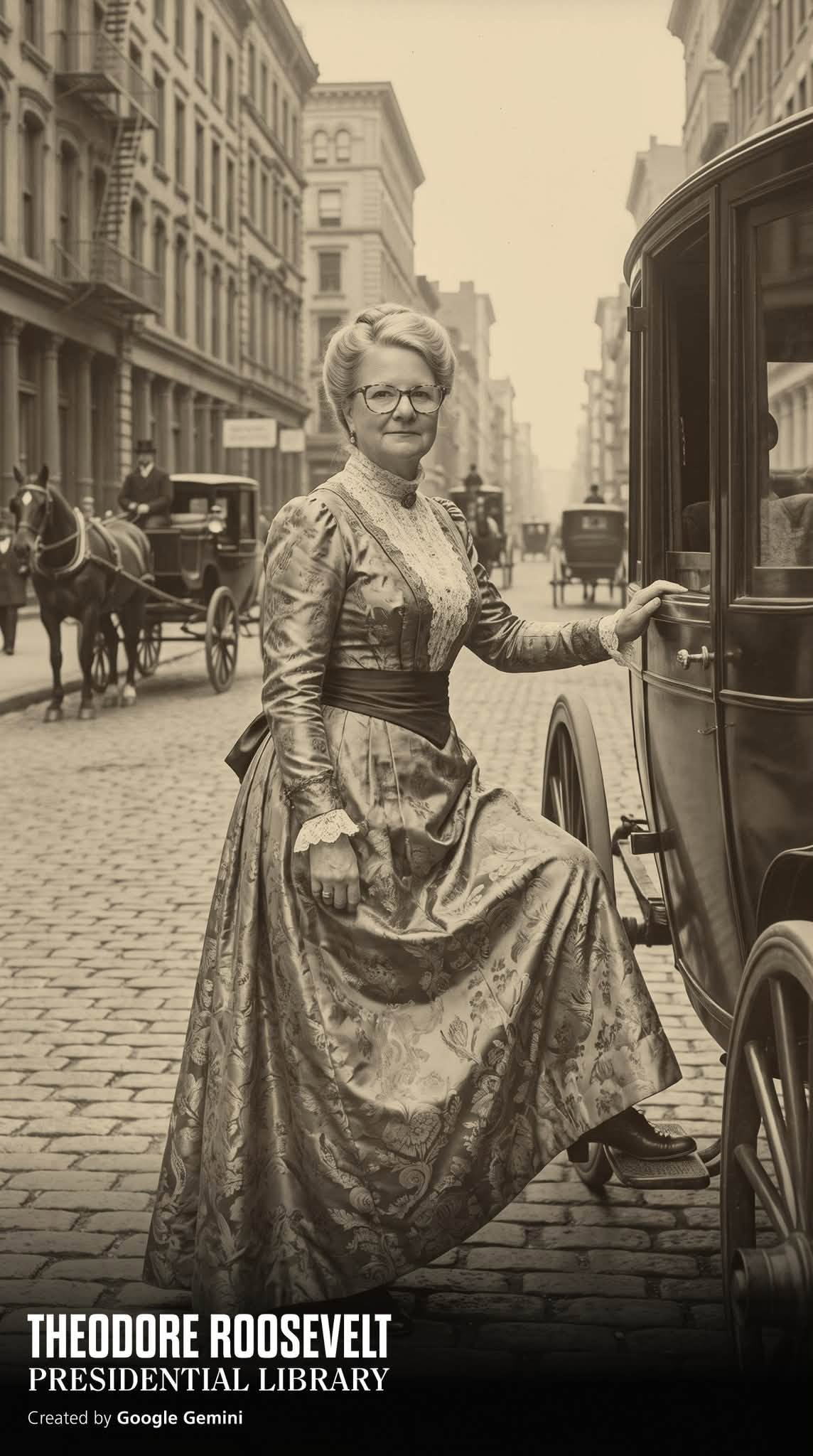 A sepia-toned image of Sandra in a period gown stepping up into a horse-drawn carriage on a cobblestone Manhattan street