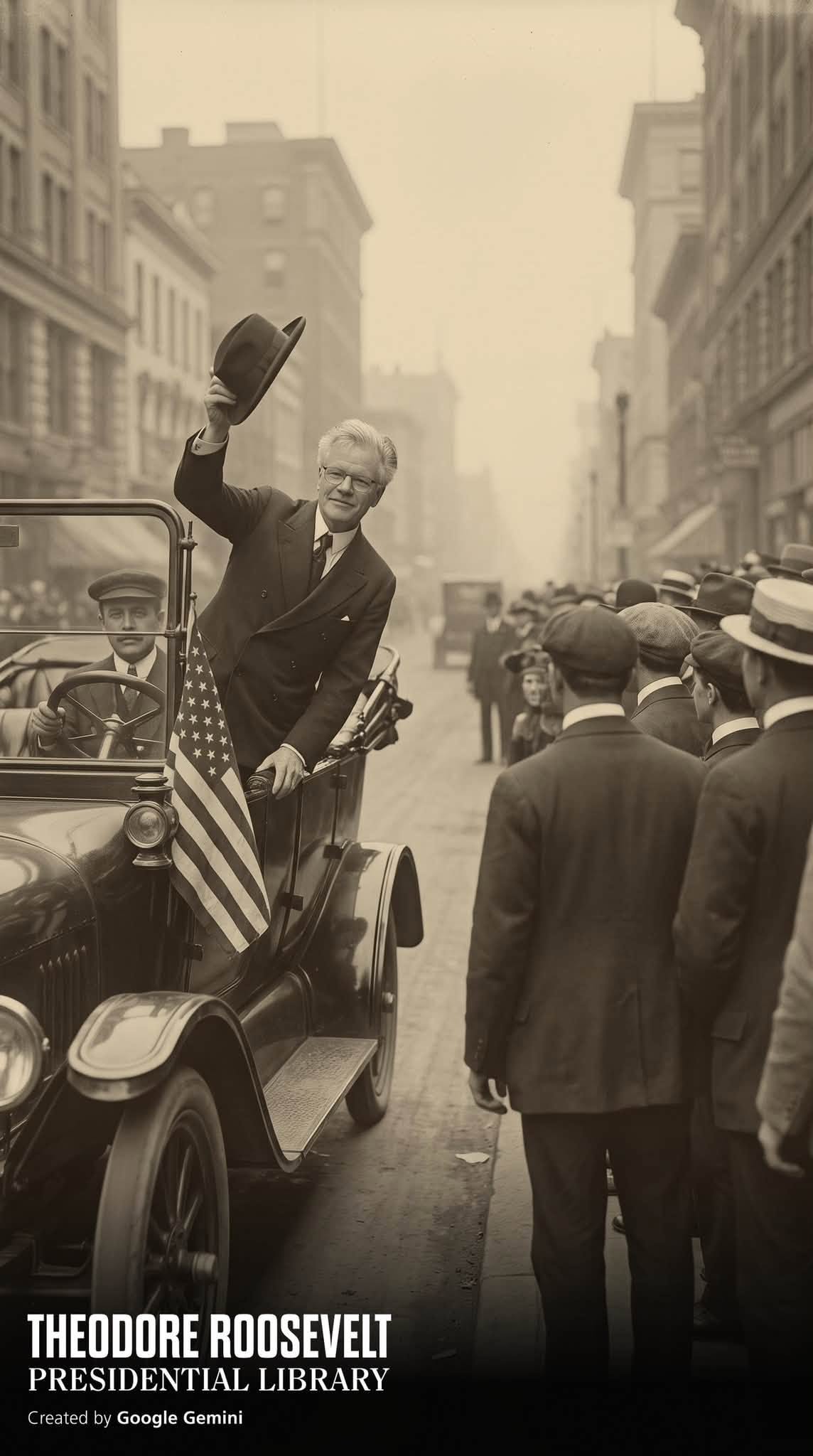 A sepia-toned image of Tom in a period suit standing in an open motorcar, hat raised to a crowd on a Manhattan street