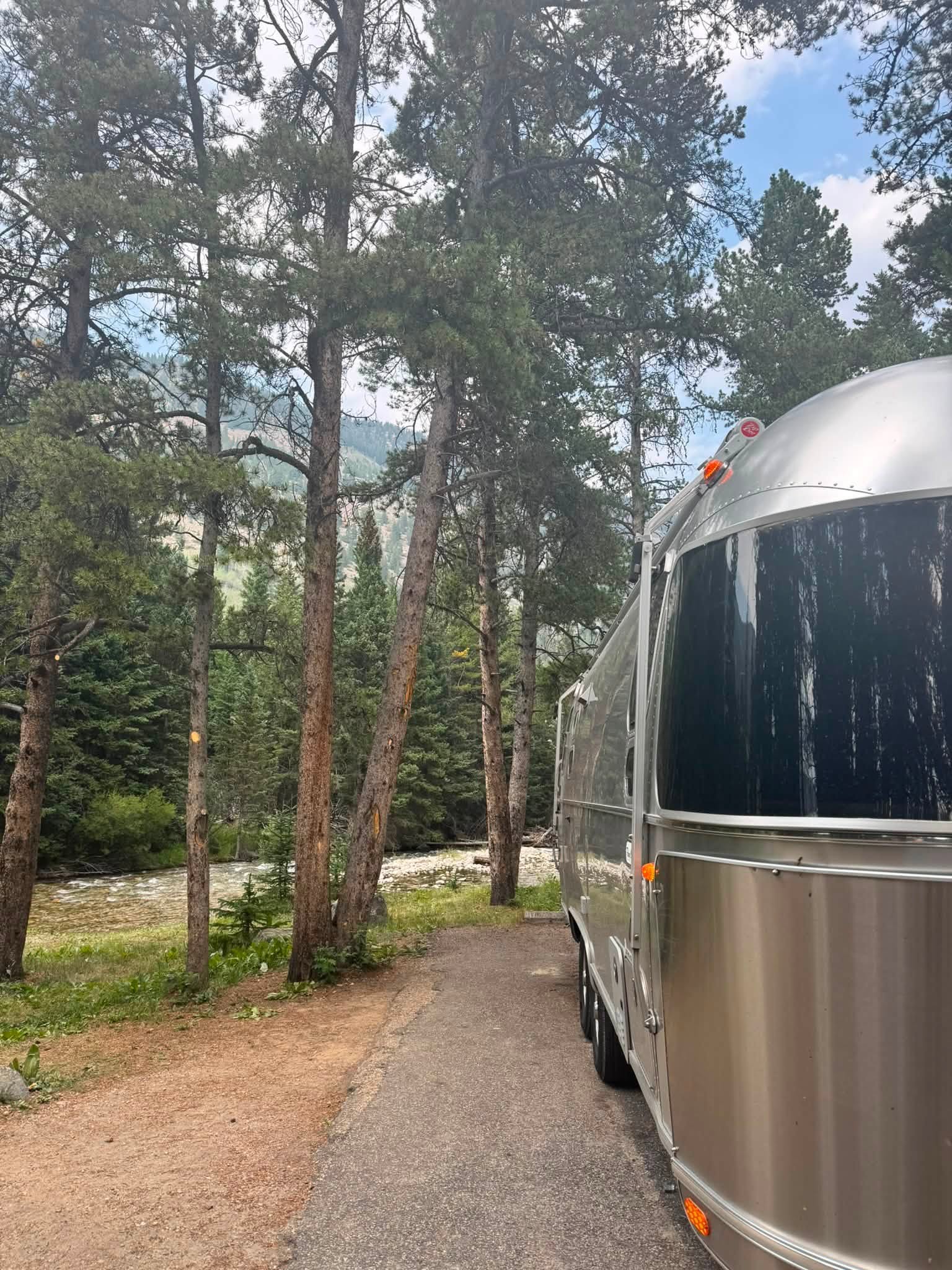 Belle parked among tall pines at Parkside Campground with Rock Creek running just beyond the trees