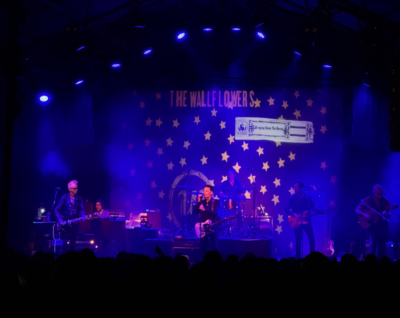 The Wallflowers on stage in deep blue light, Jakob Dylan at the mic in front of a star-covered backdrop lettered THE WALLFLOWERS, the audience silhouetted along the bottom